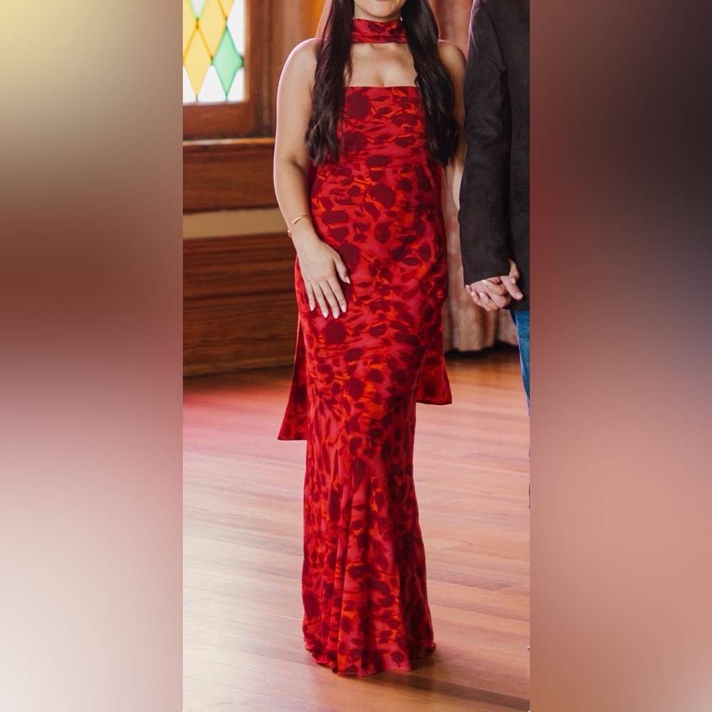 Red Patterned Satin Slip Dress